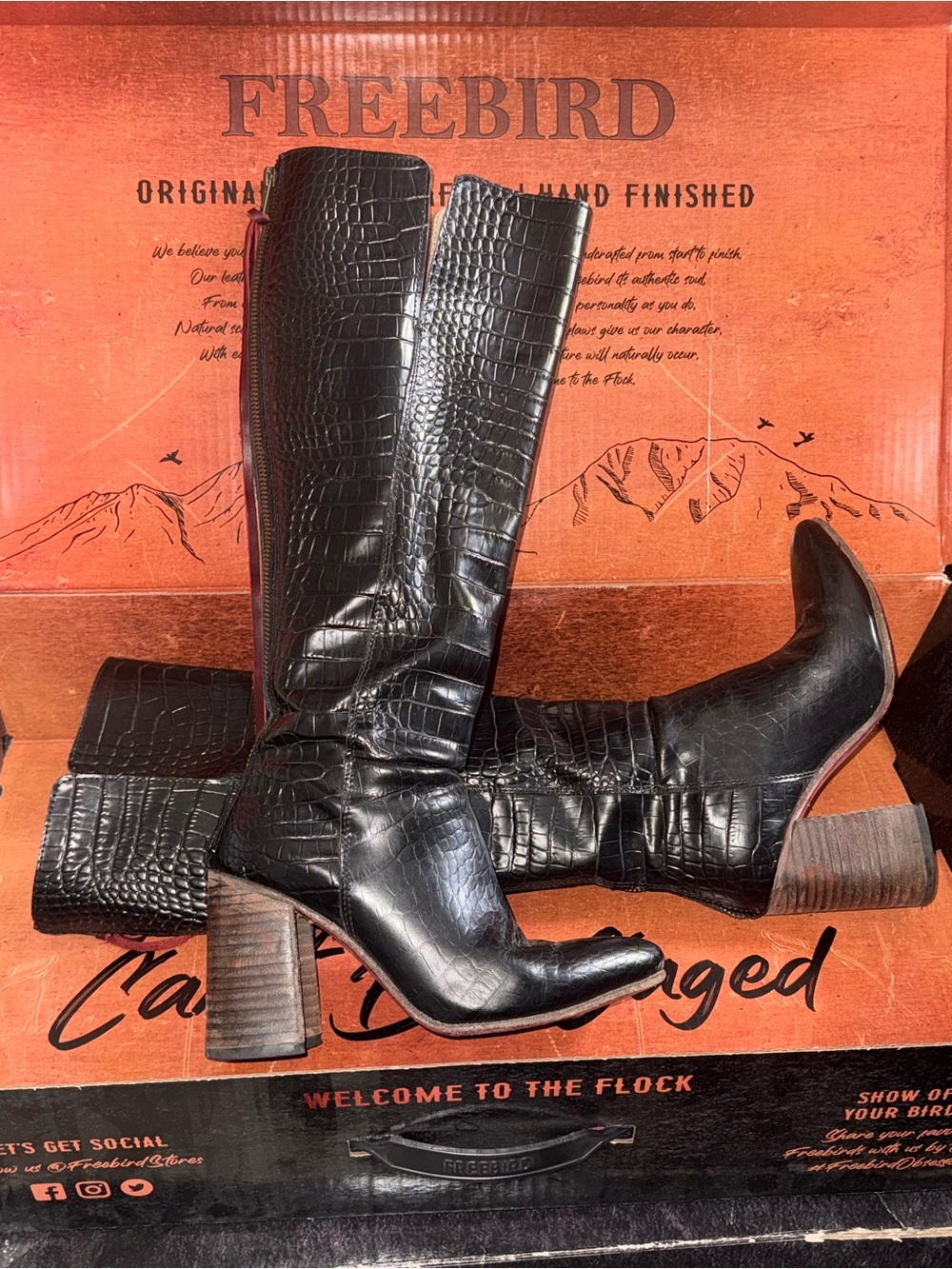 freebird Black Croc-Embossed Over-The-Knee Leather Boots